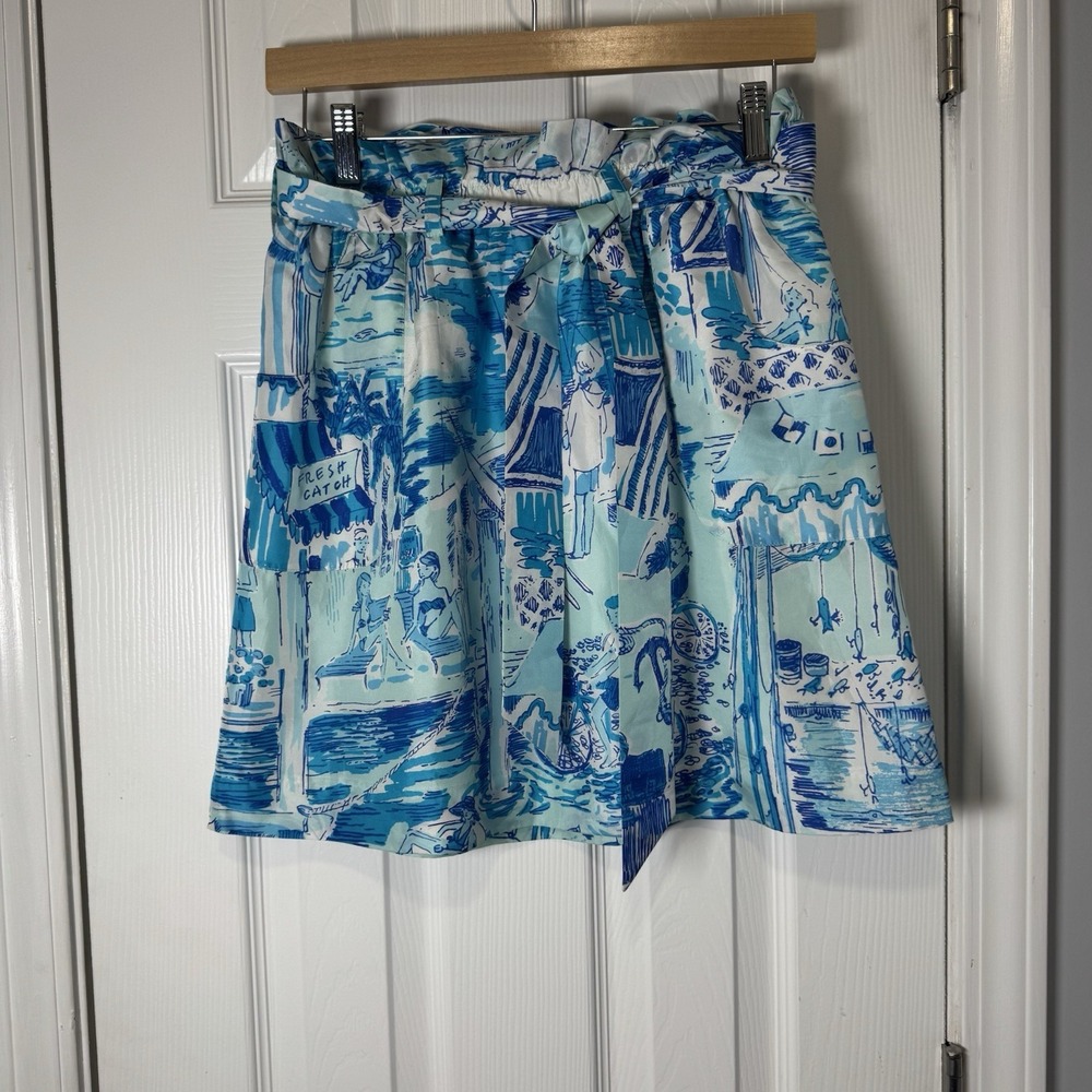 Lilly‎ Pulitzer Size S 100% Silk Skirt Aquamarine Fresh Catch Toile Scenic EUC